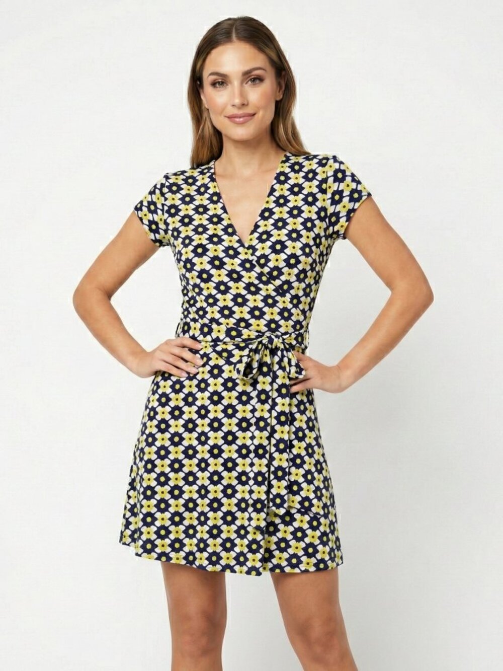 Leota Navy & Yellow Geometric Print Perfect Wrap Mini Dress size Small